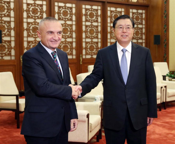 Zhang Dejiang (R), chairman of the Standing Committee of the National People's Congress (NPC), meets with Albanian Parliament Speaker Ilir Meta at the Great Hall of the People in Beijing, capital of China, Oct. 20, 2016. (Photo: Xinhua/Liu Weibing)