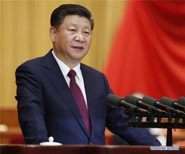 Chinese President Xi Jinping addresses a gathering to commemorate the 80th anniversary of the victory of the Long March at the Great Hall of the People in Beijing, capital of China, Oct. 21, 2016. (Xinhua/Ju Peng)