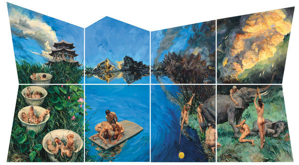 Artist Yu Hong's ongoing exhibition at the Art Museum of the Central Academy of Fine Arts includes the show's centerpiece, A Garden of Dreams, paintings that portray girls who strike gymnastic poses against backgrounds of sheer cliffs, and a glass sculpture. (Photo provided to China Daily)