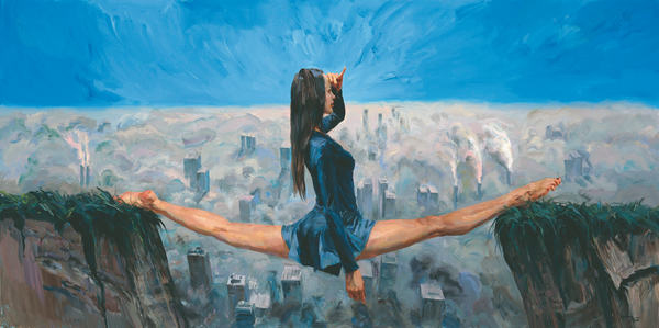Artist Yu Hong's ongoing exhibition at the Art Museum of the Central Academy of Fine Arts includes the show's centerpiece, A Garden of Dreams, paintings that portray girls who strike gymnastic poses against backgrounds of sheer cliffs. (Photo provided to China Daily)