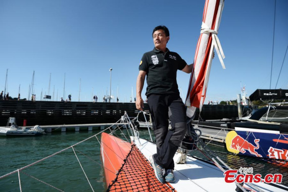 Chinese sailor Guo Chuan lost contact with his team during a challenge to a solo trans-Pacific world record sailing non-stop from San Francisco to Shanghai, Oct. 26, 2016  (Photo/China News Service)