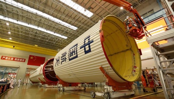 Parts of the Long March-5 rocket, China's largest carrier rocket, are seen at the assembly plant in north China's Tianjin, Aug. 18, 2016. (Photo/Xinhua)