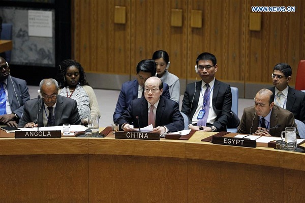 Liu Jieyi (C, front), Chinese Permanent Representative to the United Nations, addresses the UN Security Council open debate on cooperation between the United Nations and regional and subregional organizations in maintaining international peace and security at the UN headquarters in New York, the United States, Oct. 28, 2016. (Xinhua/Li Muzi)