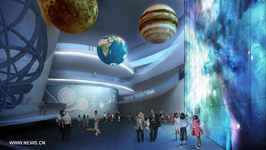 A rendering is presented during the foundation laying ceremony of the Shanghai Planetarium in Shanghai, east China, Nov. 8, 2016. Covering an area of 38,164 square meters, the planetarium will include a main building and ancillary constructions, such as an observation base for young people, a solar tower and observatory. (Photo/Xinhua)