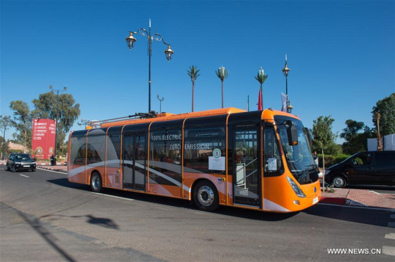 An electric bus from China drives on the road in Marrakech, Morocco, Nov. 9, 2016.  (PhotoXinhua/Meng Tao)