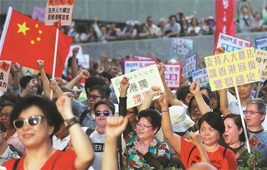 Tens of thousands of Hong Kong residents join a rally Sunday afternoon outside the Legislative Council complex to show support for the NPC Standing Committee's interpretation of the Basic Law. (Roy Liu /China Daily)