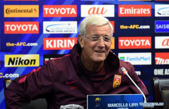 Marcello Lippi, head coach of China's national soccer team, reacts during the press conference for the 2018 FIFA World Cup Asian Zone Qualifiers against Qatar at Tuodong Sports Stadium in Kunming, capital of southwest China's Yunnan Province, on Nov. 14, 2016. (Photo: Xinhua/Lin Yiguang)