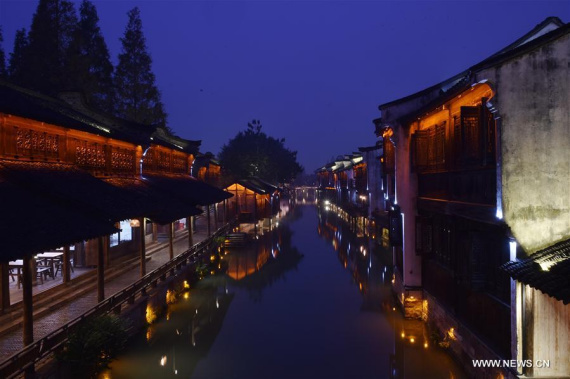 Photo taken on Nov. 14, 2016 shows a night scene in Wuzhen Township of Tongxiang City, east China's Zhejiang Province. The third World Internet Conference (WIC) is scheduled from Nov. 16 to 18 in Wuzhen. (Photo/Xinhua)