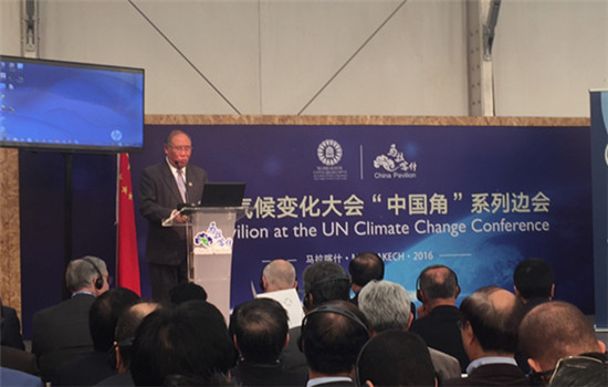 Xie Zhenhua, China's special representative of climate change, speaks at the High-Level Forum on South-South Cooperation on Climate Change on the sidelines of the United Nations Climate Conference on Monday. (Photo by Wang Yanfei/chinadaily.com.cn)