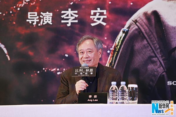 Director Ang Lee speaks during a press conference of Billy Lynn's Long Halftime Walk in Beijing on Nov 6. (Photo/Xinhua)