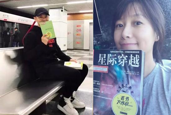 This combo photo shows Chinese actor Huang Xiaoming (L) and actress Xu Jinglei join the campaign of Books on the Underground. (Photo/Video snapshot)