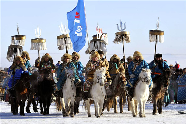 Herdsmen celebrate the winter Nadam festival. (Photo provided to China Daily)