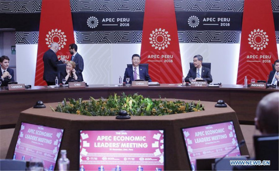 Chinese President Xi Jinping (C) attends the 24th APEC Economic Leaders' Meeting in Lima, Peru, Nov. 20, 2016. (Photo: Xinhua/Ju Peng)