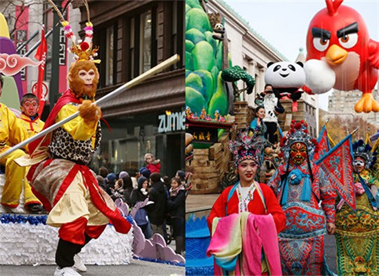 Chinese cultural elements such as Monkey King, Sichuan Opera and pandas are represented in the Thanksgiving Day parades in Chicago (left) and New York on Thursday. (LIAO PAN/CHINA NEWS SERVICE/WANG PING/XINHUA)