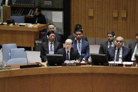 Liu Jieyi (C, front), the Chinese permanent representative to the United Nations, speaks after the UN Security Council adopted a resolution to tighten sanctions on the Democratic People's Republic of Korea (DPRK) in response to the country's fifth nuclear test, at the UN headquarters in New York, on Nov. 30, 2016. (Photo: Xinhua/Li Muzi)