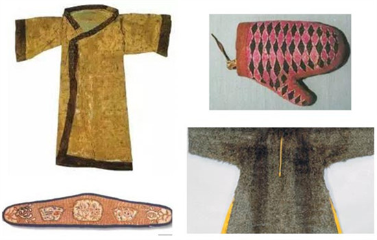 From above left, clockwise: An ancient windcoat, an embroidery diamond-pattern glove from Northern dynasties, a fox-fur overcoat worn by Emperor Qianlong of the Qing Dynasty, a head wear. (File photo)