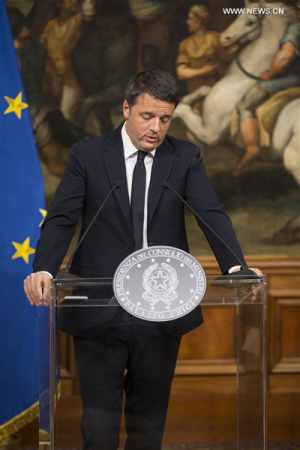 Italian Prime Minister Matteo Renzi speaks during a press conference in Rome Dec. 5, 2016. Matteo Renzi on early Monday announced resignation, as exit polls showed the Sunday referendum opposed constitutional reforms. (Photo: Xinhua/Jin Yu)