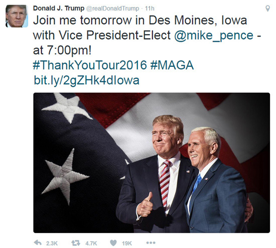 Screenshot shows U.S. President-elect Donald Trump's tweet on Dec. 7, 2016. (Photo/Screenshot from Twitter)
