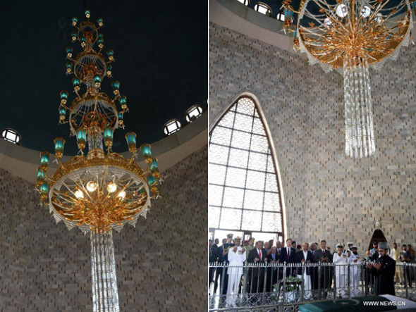 This combo photo shows a newly installed chandelier at the Mazar-e-Quaid in southern Pakistani port city of Karachi, Dec. 17, 2016. (Photo/Xinhua) 