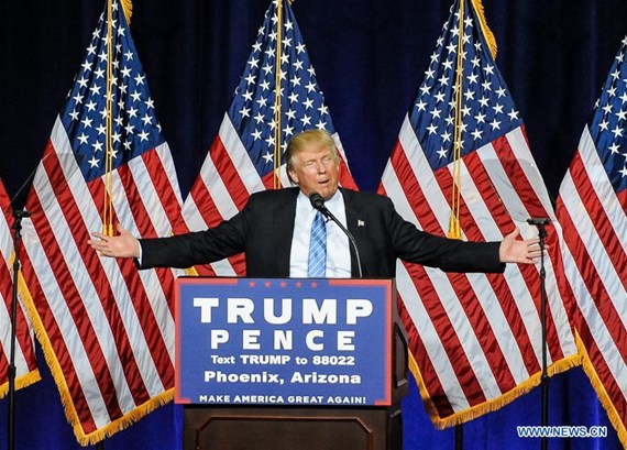 U.S. Republican presidential candidate Donald Trump addresses a running campaign at the Phoenix Convention Center in Phoenix of Arizona Aug. 31, 2016. (Photo: Xinhua/Zhang Chaoqun)