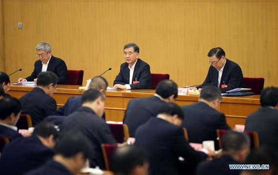 Chinese Vice Premier Wang Yang (C) attends a meeting on poverty alleviation and development in Beijing, capital of China, Dec. 19, 2016. (Photo: Xinhua/Yao Dawei)
