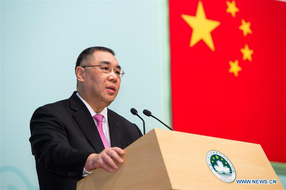 Chief Executive of Macao Special Administrative Region (SAR) Chui Sai On addresses a reception held by the Macao SAR government to celebrate the 17th anniversary of Macao's return to the motherland in Macao, south China, Dec. 20, 2016. (Photo: Xinhua/Cheong Kam Ka)