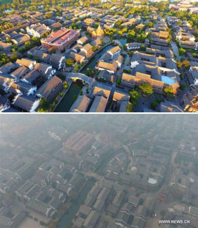     Combination photo taken on Aug. 30, 2016 (upper) and Dec. 20, 2016 shows a sharp contrast of air quality in an ancient town of Taierzhuang, east China's Shandong Province. Heavy smog lingers in Beijing, Tianjin and provinces of Hebei, Henan and Shandong on Tuesday. (PhotoXinhua/Gao Qimin)