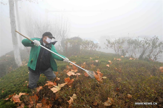 A worker clears off fallen leaves amid smog in Qingzhou City, east China's Shandong Province, Dec. 20, 2016. Heavy smog lingers in Beijing, Tianjin and provinces of Hebei, Henan and Shandong on Tuesday. Over 20 cities have issued red alerts for smog. (Photo: Xinhua/Wang Jilin)