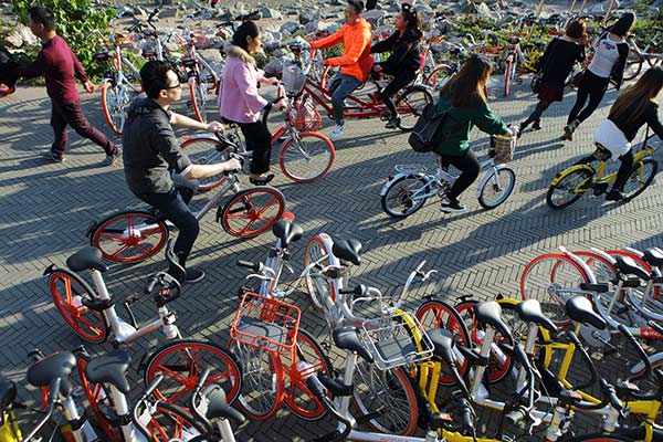 A park crowded by rental bikes in Shenzhen, Guangdong province, on Monday. LAI LI/CHINA DAILY