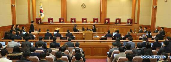 Photo taken on Jan. 3, 2017 shows the trial site in Seoul, South Korea. The first trial on a parliamentary motion to impeach South Korean President Park Geun-hye ended just in nine minutes on Tuesday with Park, the principal of the trial, not in attendance. (Xinhua/Newsis)