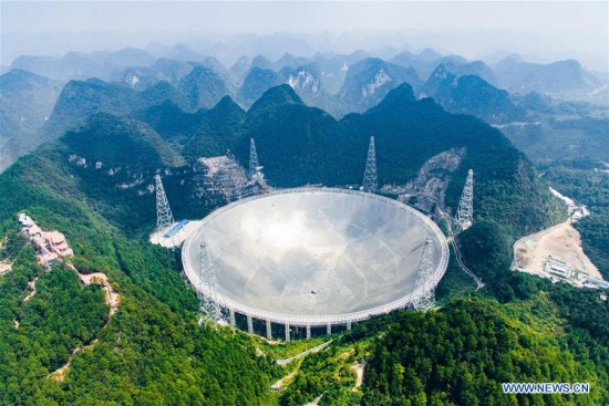Photo taken on Sept. 24, 2016 shows the 500-meter Aperture Spherical Telescope (FAST) in Pingtang County, southwest China's Guizhou Province. (Photo: Xinhua/Liu Xu)