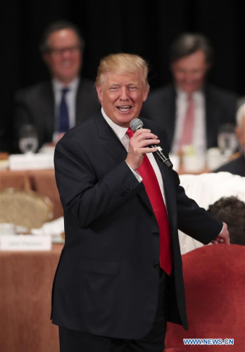 File photo taken on Sept. 15, 2016 shows U.S. Republican presidential candidate Donald Trump delivers a speech during a luncheon meeting of the Economic Club of New York in New York, the United States. (Photo: Xinhua /Wang Ying)