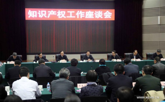 China's State Councilor Wang Yong (C) addresses a symposium when inspecting the State Intellectual Property Office in Beijing, capital of China, Jan. 5, 2017. (Photo: Xinhua/Liu Weibing)