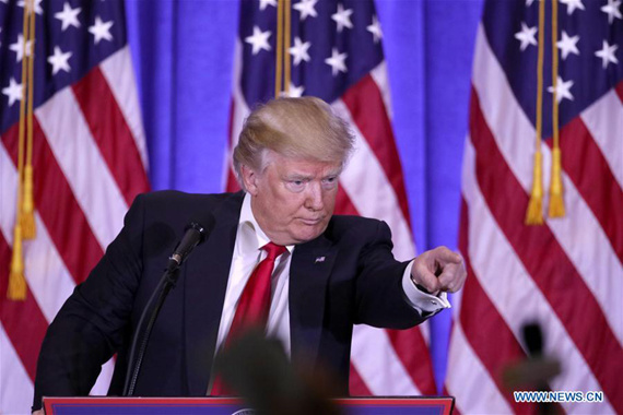 U.S. President-elect Donald Trump gestures during a news conference in New York, the United States, on Jan. 11, 2017. U.S. President-elect Donald Trump met the press Wednesday for the first news conference since the election. (Xinhua/Gary Hershorn)