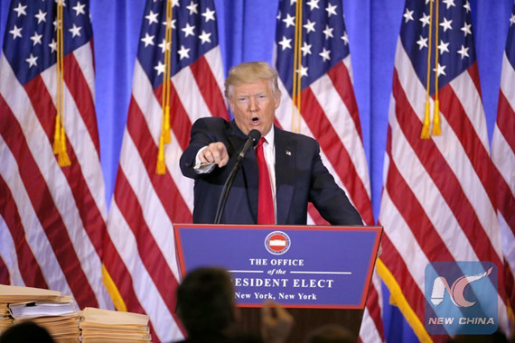 U.S. President-elect Donald Trump gestures during a news conference in New York, the United States, on Jan. 11, 2017. U.S. President-elect Donald Trump met the press Wednesday for the first news conference since the election. (Xinhua/Gary Hershorn)
