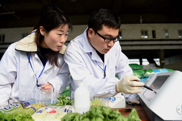 Inspectors check for pesticide residue in vegetables in Hefei, Anhui province, early this month.(Photo by Xie Chen/China Daily)