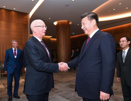 Chinese President Xi Jinping meets with Klaus Schwab, founder and executive chairman of the World Economic Forum, in Davos, Switzerland, Jan. 17, 2017. (Xinhua/Rao Aimin) 