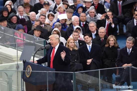 U.S. President Donald Trump delivers his inaugural address after he was sworn in as the 45th president of the United States during the presidential inauguration ceremony at the U.S. Capitol in Washington D.C., the United States, on Jan. 20, 2017. (Xinhua/Yin Bogu) 