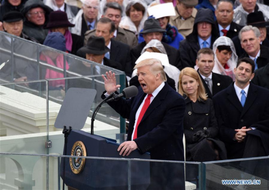 U.S. President Donald Trump delivers his inaugural address after he was sworn in as the 45th president of the United States during the presidential inauguration ceremony at the U.S. Capitol in Washington D.C., the United States, on Jan. 20, 2017. (Xinhua/Yin Bogu)