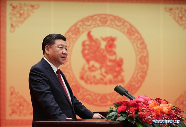 Chinese President Xi Jinping, on behalf of the Communist Party of China (CPC) Central Committee and the State Council, delivers a speech to extend Spring Festival greetings to all Chinese at a reception in Beijing, capital of China, Jan. 26, 2017. This year's Spring Festival, or Chinese Lunar New Year, falls on Jan. 28. (Xinhua/Ju Peng)