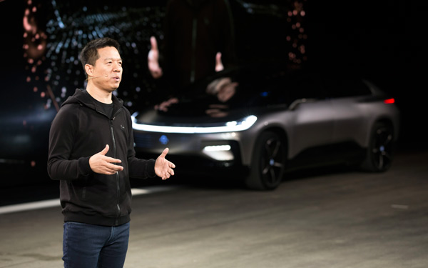 Jia Yueting, co-founder and head of LeEco, addresses during the new EV launch ceremony of Faraday Future, January 3, 2017, Las Vegas. (Photo provided to chinadaily.com.cn)