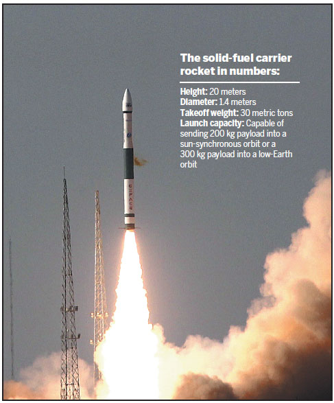 The Kuaizhou 1A blasts off from a launch vehicle at the Jiuquan Satellite Launch Center in Northwest China on Monday.Zhang Wei / China Daily