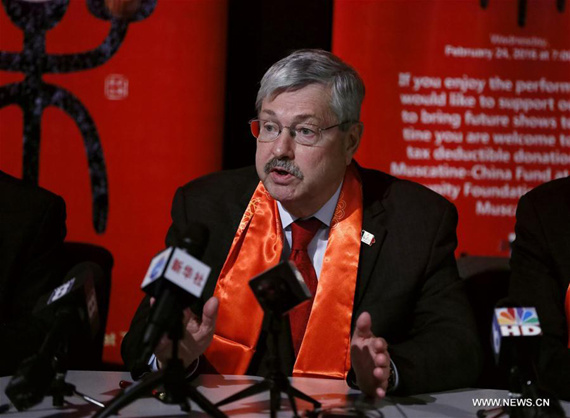 U.S. Ambassador to China nominee Terry Branstad speaks during a news conference held after Happy Chinese New Year Concert In Muscatine, in Muscatine, Iowa, the United States, Feb. 1, 2017. Terry Branstad said Wednesday that he would play a constructive role in enhancing China-U.S. relationship during a news conference held in Muscatine, Iowa. (Xinhua/Wang Ping)
