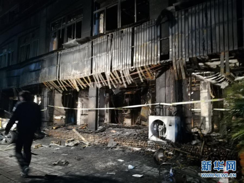 Photo taken on Feb. 6, 2017 shows the accident site after a fire broke out in the Zuxintang Foot Massage Parlor in Tiantai County, east China's Zhejiang Province. At least 18 people have been killed and another two injured after the foot massage parlor caught fire on Sunday afternoon. (Xinhua/Wang Junlu)
