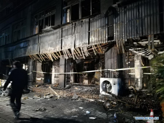 Photo taken on Feb. 6, 2017 shows the accident site after a fire broke out in the Zuxintang Foot Massage Parlor in Tiantai County, east China's Zhejiang Province. (Xinhua/Wang Junlu)