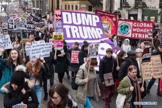 Thousands of demonstrators protest against Donald Trump travel ban on Muslim's travelling to the United States in central London on Feb. 4, 2017. (Photo: Xinhua/Ray Tang)