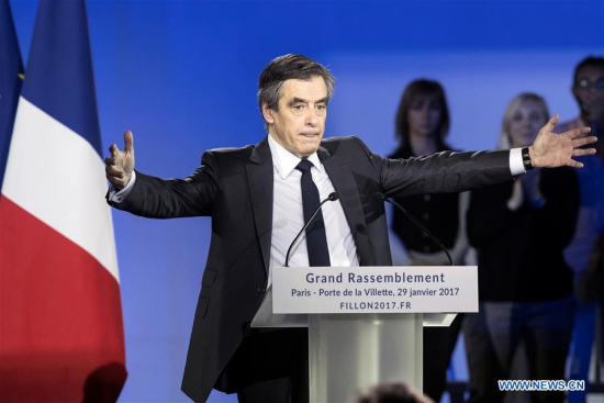 French presidential election candidate Francois Fillon delivers a speech during a political rally in Paris, France, Jan. 29, 2017. (Photo: Xinhua/Thierry Mahe)