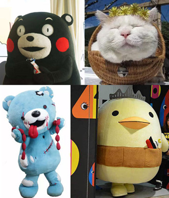 Quite a few Japanese mascots have entered the Chinese market and work well. Among them are Kumamoo (top left) Kumamoto (top right) zombie bear (bottom left) and Ima Barishi (bottom right). (Photo provided to chinadaily.com.cn)