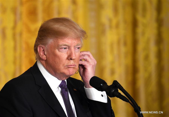 U.S. President Donald Trump listens to a question at a joint press conference with visiting Canadian Prime Minister Justin Trudeau (not in the picture) at the White House in Washington D.C., the United States, on Feb. 13, 2017. U.S. President Donald Trump on Monday vowed to deal with Democratic People's Republic of Korea (DPRK) very strongly, calling the Asian country a big, big problem. (Xinhua/Yin Bogu)