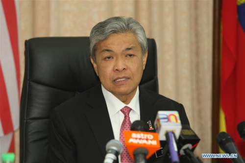 Malaysian Deputy Prime Minister Ahmad Zahid Hamidi speaks during a press conference in Putrajaya, Malaysia, on Feb. 16. 2017. (Xinhua)